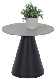 Moderner Couchtisch mit rundem, grauem Tischplatte und konischem, schwarzem Fuß, aus seitlicher Perspektive fotografiert, mit einer grünen Pflanze in einem weißen Topf darauf.