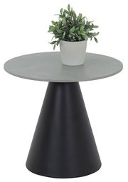 Moderner Couchtisch mit rundem, grauem Tischplatte und konischem, schwarzem Fuß, aus seitlicher Perspektive fotografiert, mit einer grünen Pflanze in einem weißen Topf darauf.