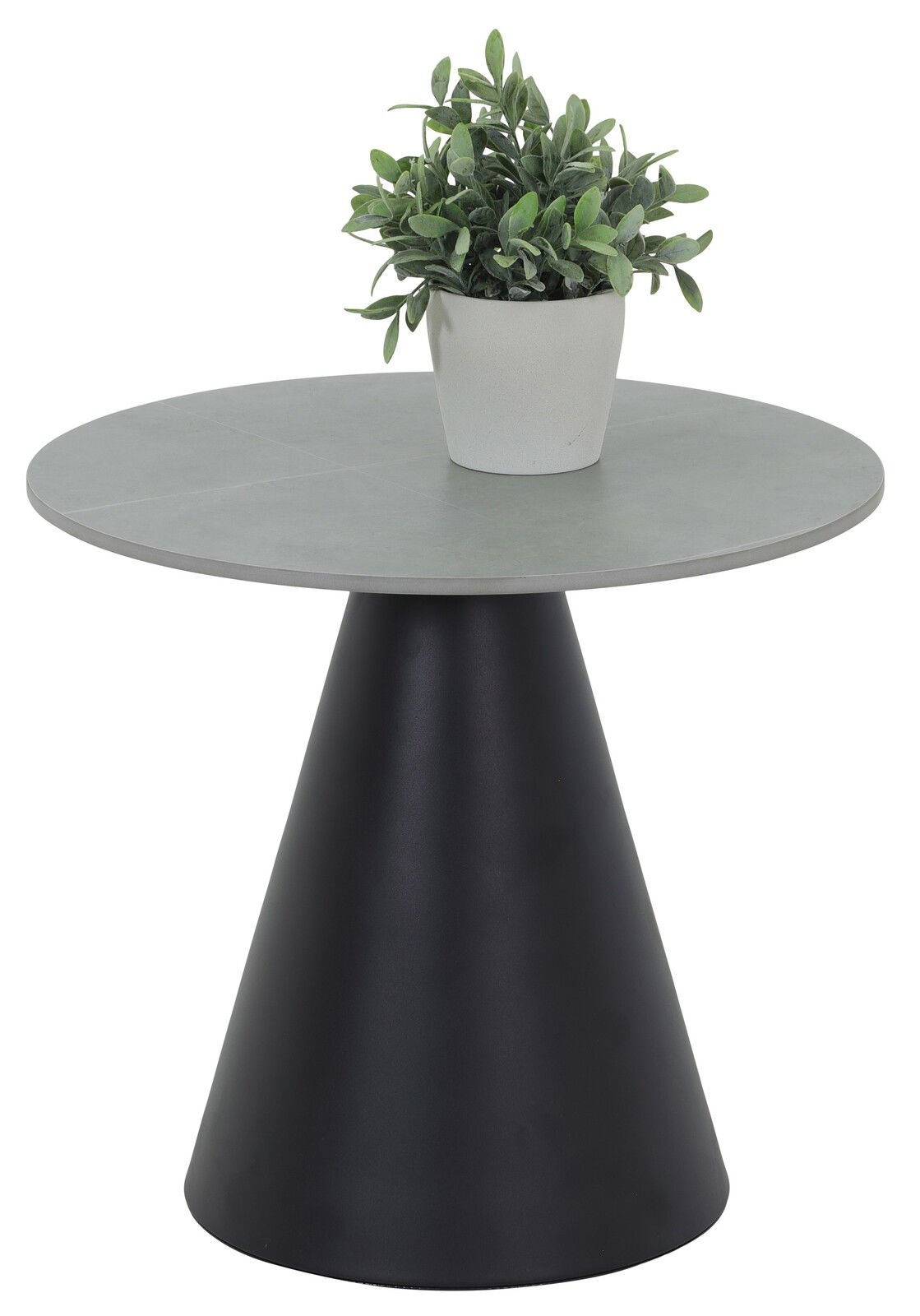 Moderner Couchtisch mit rundem, grauem Tischplatte und konischem, schwarzem Fuß, aus seitlicher Perspektive fotografiert, mit einer grünen Pflanze in einem weißen Topf darauf.