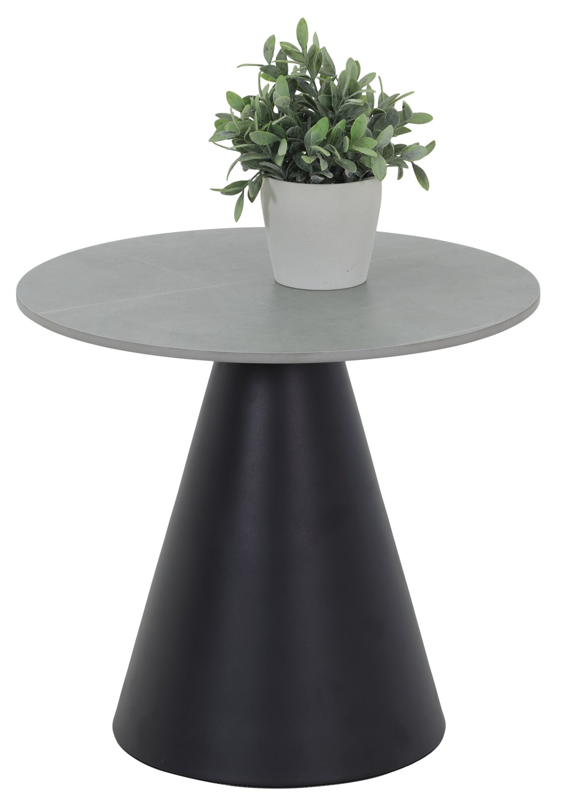 Moderner Couchtisch mit rundem, grauem Tischplatte und konischem, schwarzem Fuß, aus seitlicher Perspektive fotografiert, mit einer grünen Pflanze in einem weißen Topf darauf.