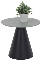 Moderner Couchtisch mit rundem, grauem Tischplatte und konischem, schwarzem Fuß, aus seitlicher Perspektive fotografiert, mit einer grünen Pflanze in einem weißen Topf darauf.