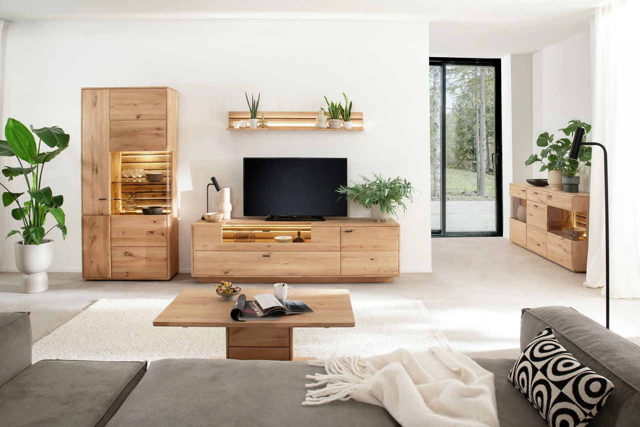 Moderne Wohnzimmer-Wandkombination aus Holz mit TV-Schrank, Vitrine und Regal, umgeben von Pflanzen, aus der Perspektive eines gemütlichen Wohnzimmers.