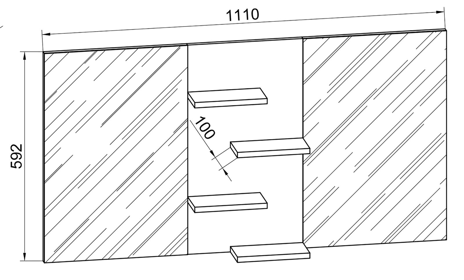 Technische Frontansicht eines rechteckigen Wandspiegels mit zwei Spiegelpaneelen und mittlerem Regalbereich mit vier Ablagen; Maße ca. 1110 mm Breite und 592 mm Höhe, Ablagentiefe 100 mm.