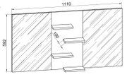 Technische Frontansicht eines rechteckigen Wandspiegels mit zwei Spiegelpaneelen und mittlerem Regalbereich mit vier Ablagen; Maße ca. 1110 mm Breite und 592 mm Höhe, Ablagentiefe 100 mm.