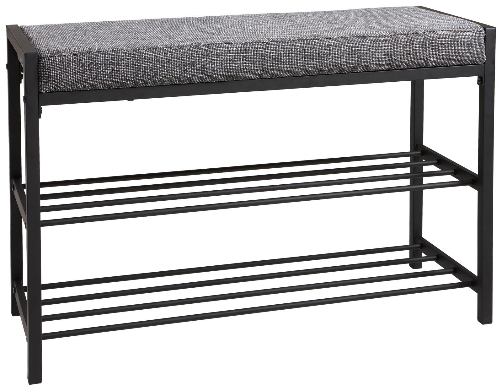 Schuhregal mit gepolsterter Sitzfläche, seitliche Perspektive