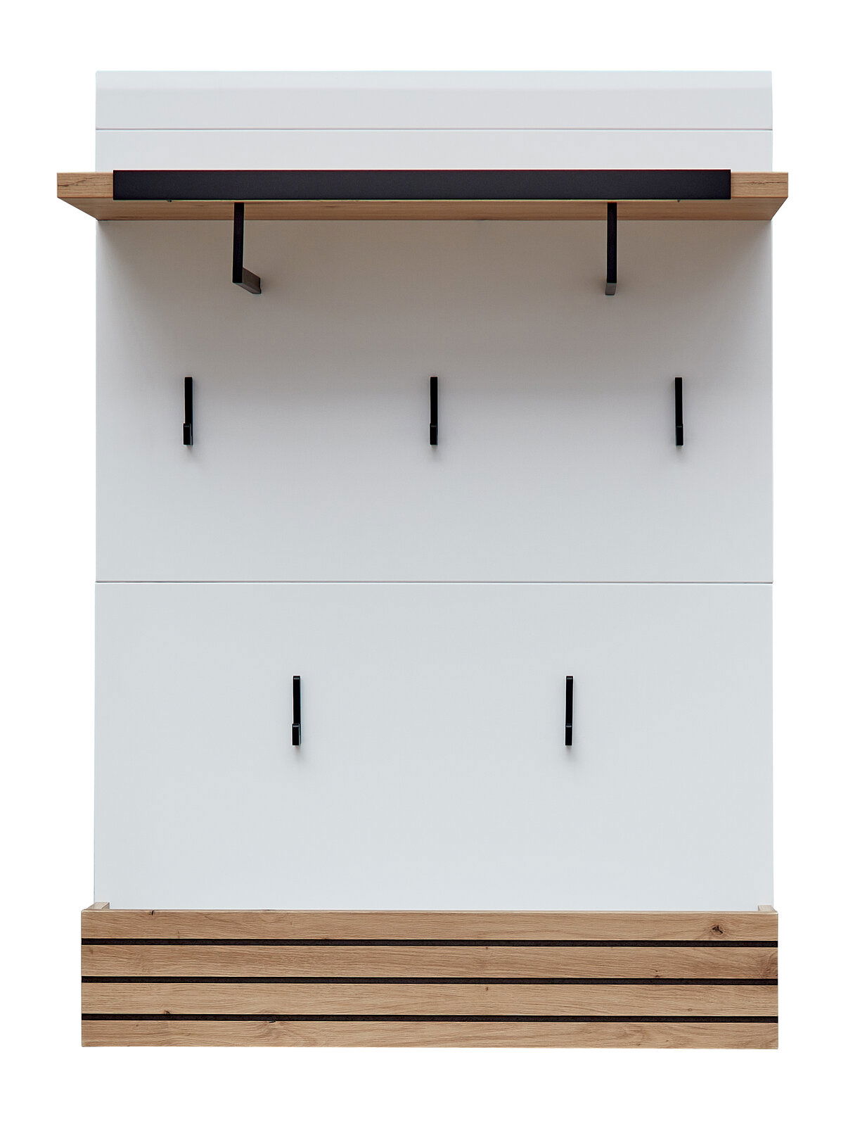 Novel Garderobenpaneel FRESNO Modernes Garderobenpaneel mit Holz- und Metallelementen, frontal abgebildet.