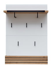 Modernes Garderobenpaneel mit Holz- und Metallelementen, frontal abgebildet.