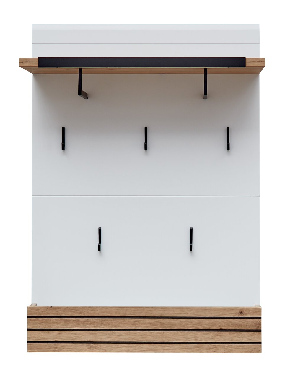 Modernes Garderobenpaneel mit Holz- und Metallelementen, frontal abgebildet.