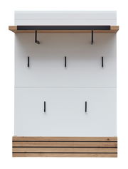 Modernes Garderobenpaneel mit Holz- und Metallelementen, frontal abgebildet.