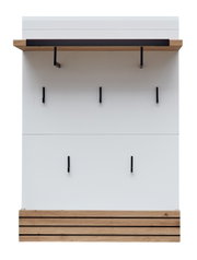 Modern garderobepaneel met houten en metalen elementen, afgebeeld van voren.
