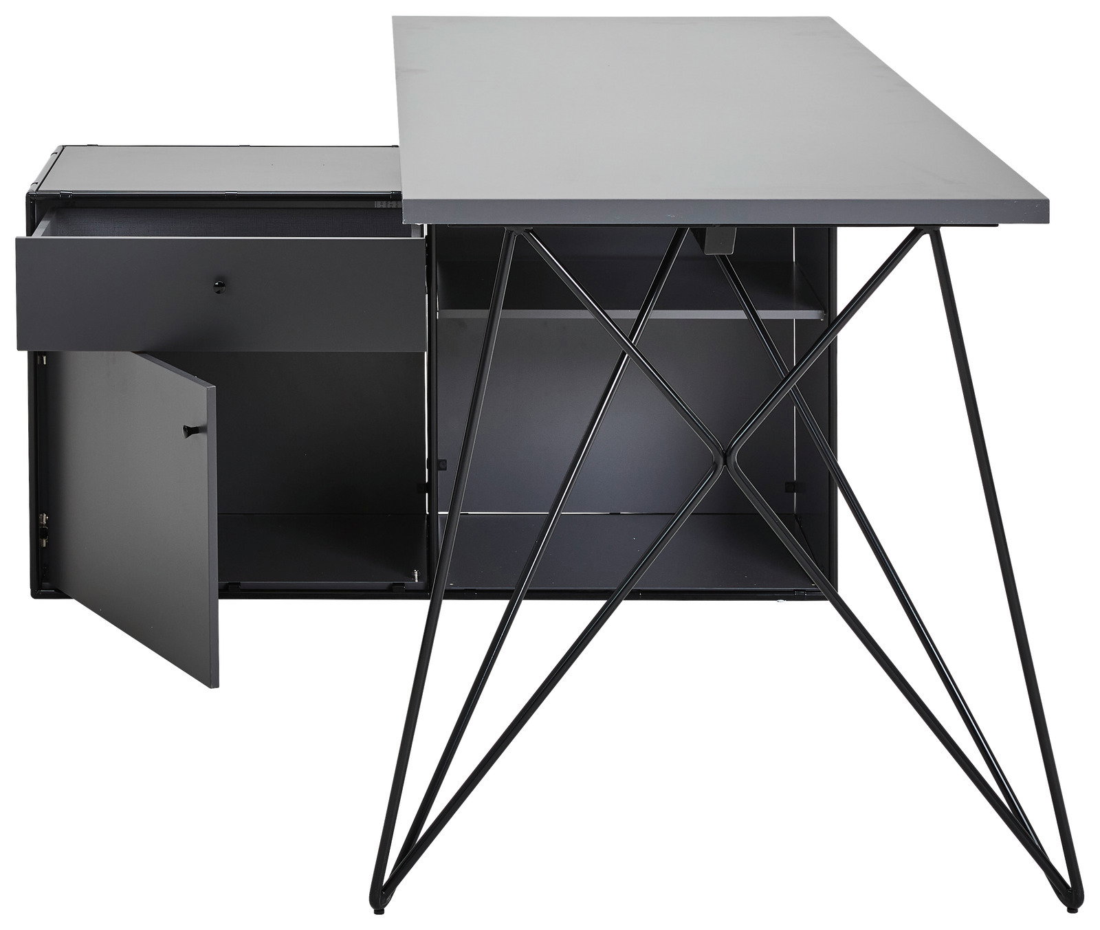 Moderner Winkelschreibtisch mit Kommode, schwarze Metallbeine, geöffnete Schublade und Tür, Frontalansicht