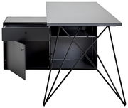Moderner Winkelschreibtisch mit Kommode, schwarze Metallbeine, geöffnete Schublade und Tür, Frontalansicht