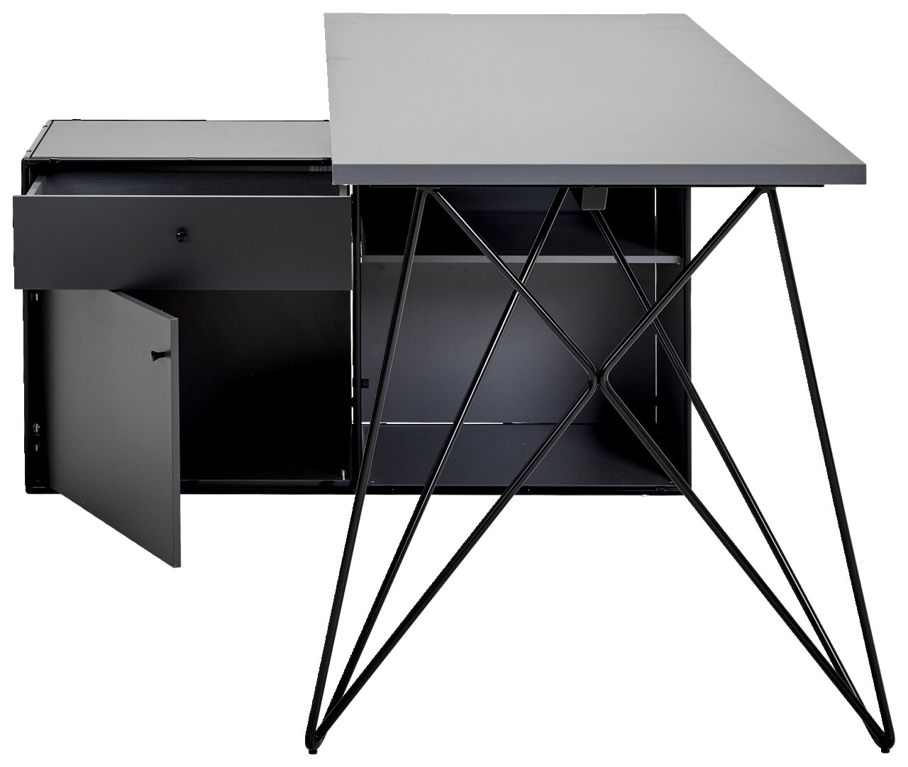 Moderner Winkelschreibtisch mit Kommode, schwarze Metallbeine, geöffnete Schublade und Tür, Frontalansicht