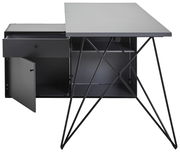 Moderner Winkelschreibtisch mit Kommode, schwarze Metallbeine, geöffnete Schublade und Tür, Frontalansicht