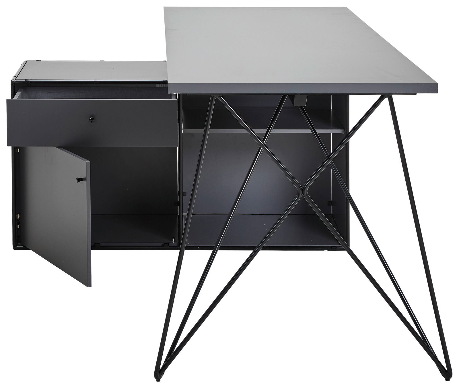 Moderner Winkelschreibtisch mit Kommode, schwarze Metallbeine, geöffnete Schublade und Tür, Frontalansicht