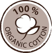 Rundes Siegel mit der Aufschrift '100% Organic Cotton' und einem stilisierten Baumwollsymbol, von oben betrachtet.