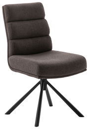 Moderner Stuhl mit gepolsterter Rückenlehne und Sitzfläche in dunklem Stoff, auf schwarzem Metallgestell. Seitenansicht.