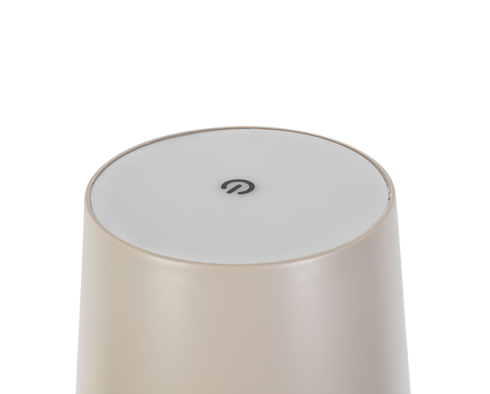 Nahaufnahme der Oberseite einer Akku-Stehleuchte mit einem Ein-/Ausschalter-Symbol.