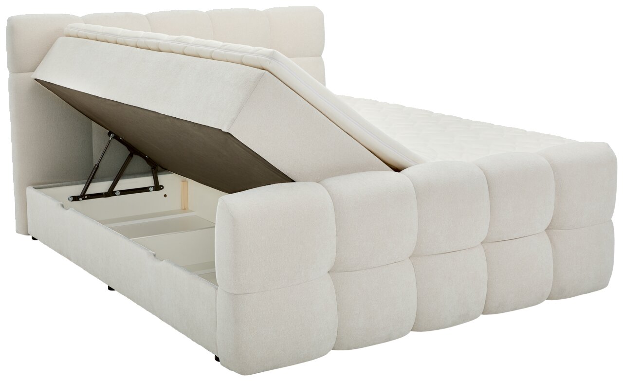 Boxbett mit hochgeklappter Matratze und Stauraum, seitliche Perspektive