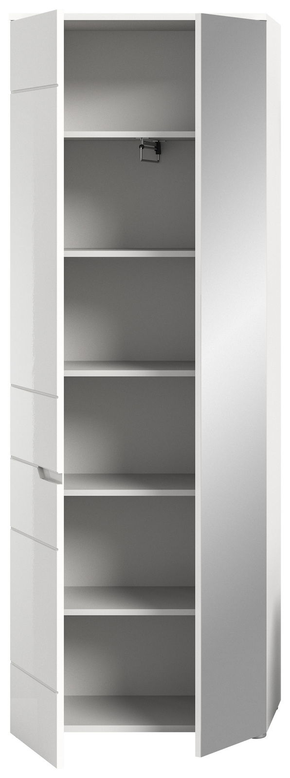 Weißer Garderobenschrank mit offenen Türen, fünf Regalböden und seitlicher Perspektive