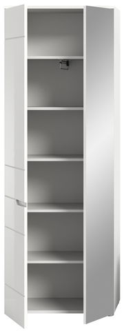 Weißer Garderobenschrank mit offenen Türen, fünf Regalböden und seitlicher Perspektive