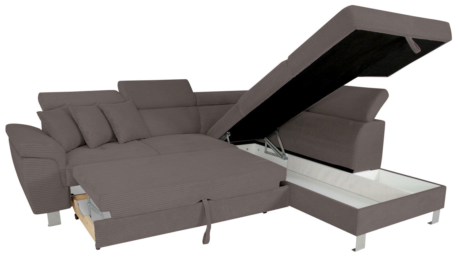 Ecksofa in Grau mit Stauraum, von schräg vorne betrachtet, mit hochgeklapptem Sitzteil.