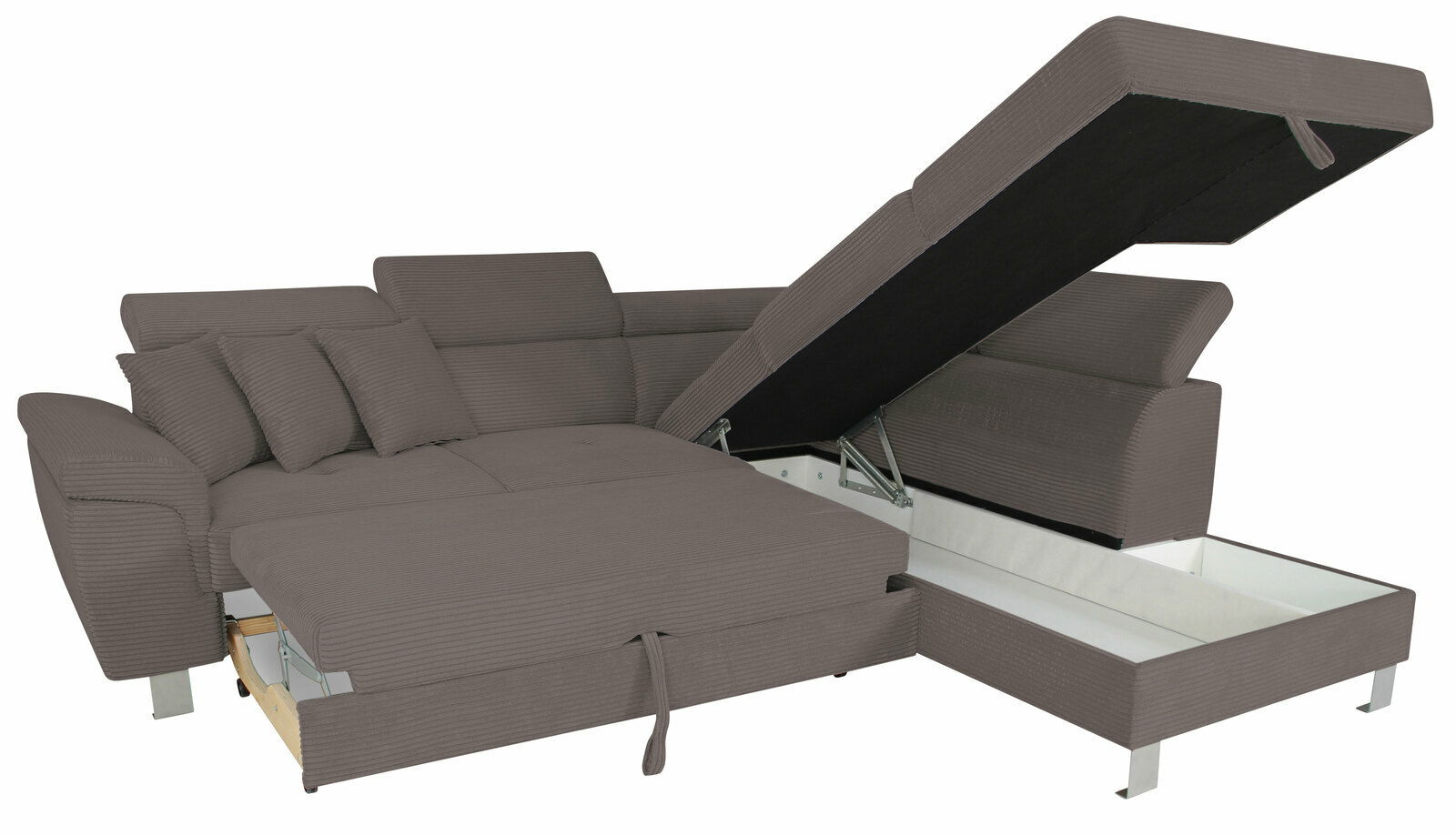Ecksofa in Grau mit Stauraum, von schräg vorne betrachtet, mit hochgeklapptem Sitzteil.