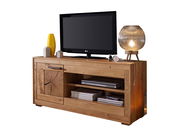 TV-Element aus Holz mit einem Fernseher, einer Lampe und Dekorationen darauf, seitliche Perspektive