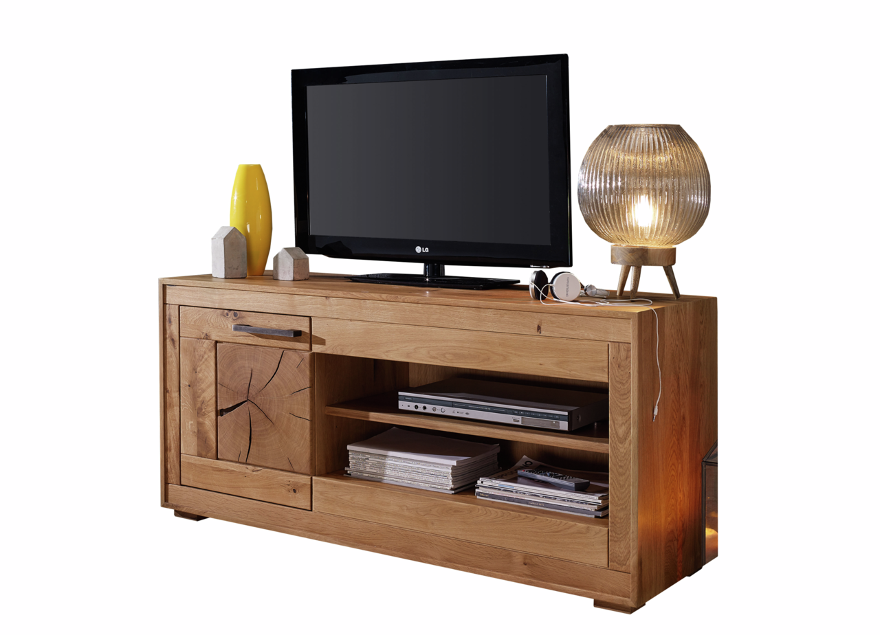Landscape TV-lowboard I MERAN TV-Element aus Holz mit einem Fernseher, einer Lampe und Dekorationen darauf, seitliche Perspektive
