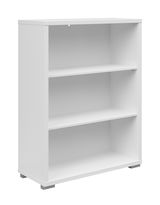 Weißes Aktenregal mit drei offenen Fächern, frontal leicht von der Seite betrachtet.