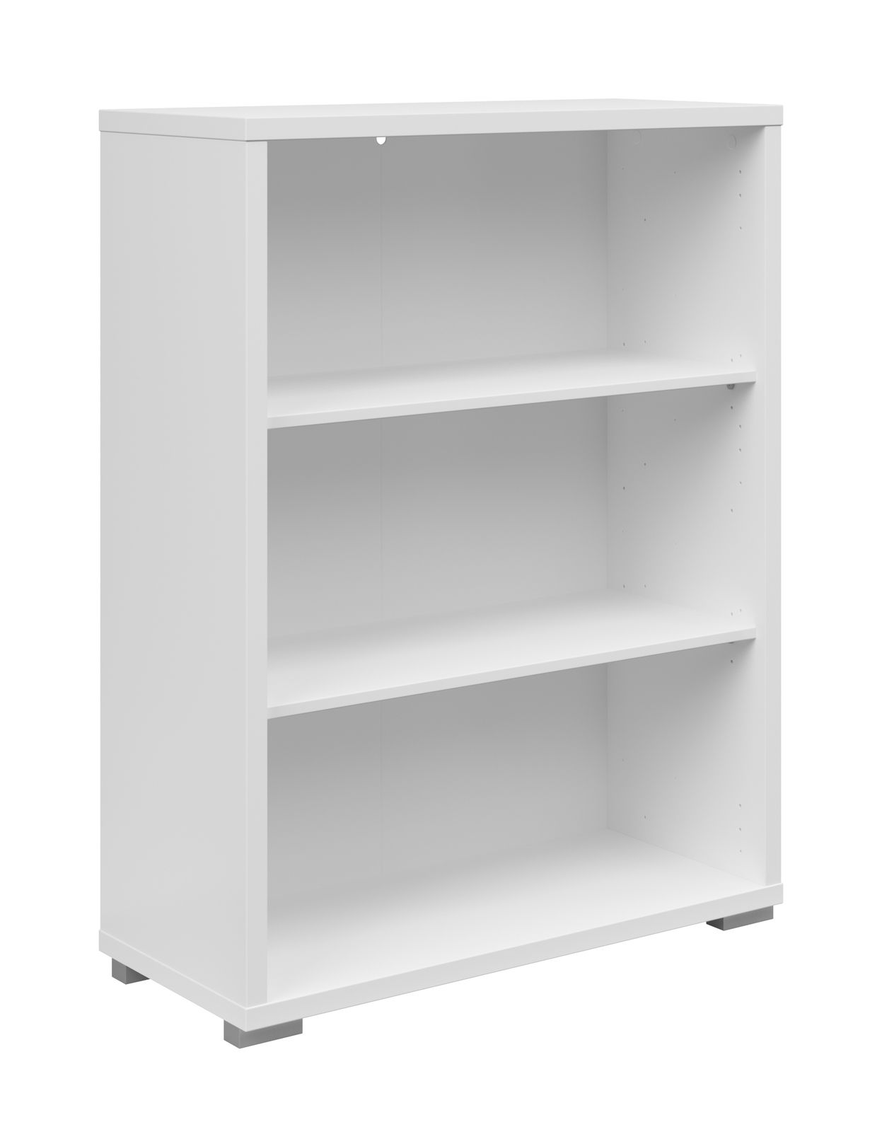 Weißes Aktenregal mit drei offenen Fächern, frontal leicht von der Seite betrachtet.