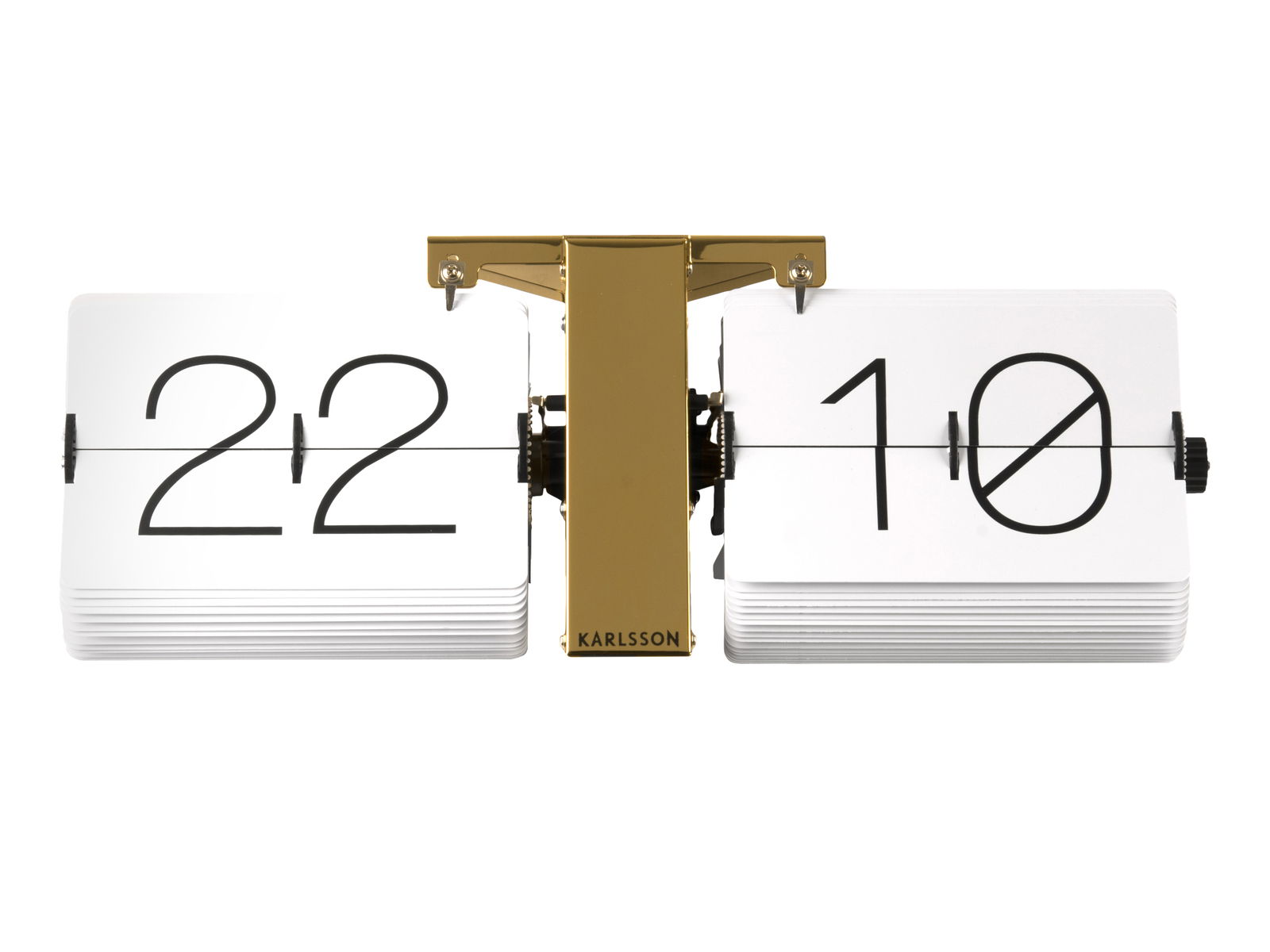 Flip-Uhr ohne Gehäuse, weiße Ziffernblätter mit schwarzer Schrift, goldene Halterung, Frontalansicht