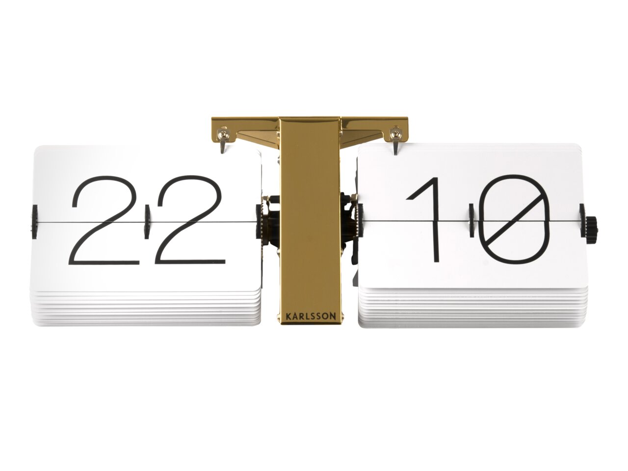 Flip-Uhr ohne Gehäuse, weiße Ziffernblätter mit schwarzer Schrift, goldene Halterung, Frontalansicht