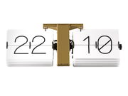 Flip-Uhr ohne Gehäuse, weiße Ziffernblätter mit schwarzer Schrift, goldene Halterung, Frontalansicht