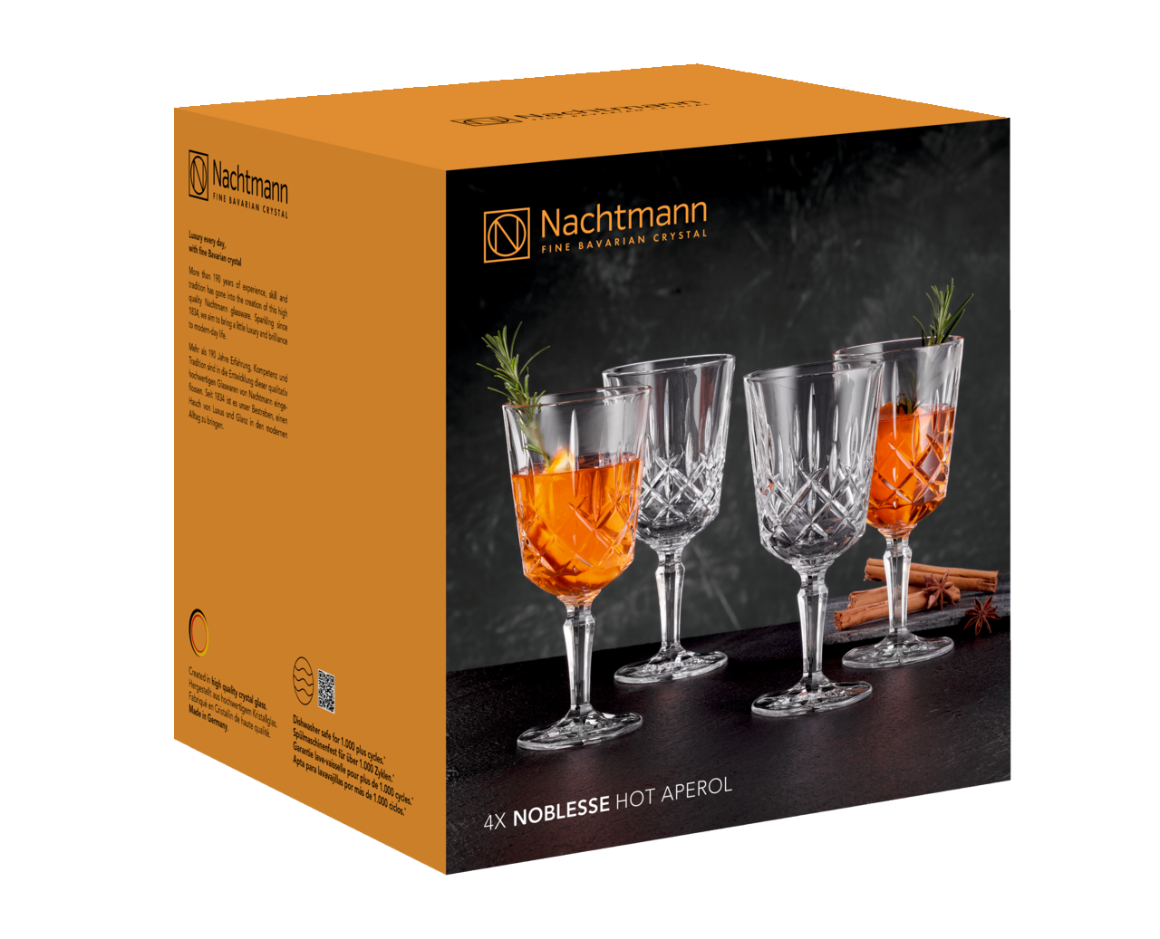 Verpackung des Nachtmann Noblesse Hot Aperol Sets mit vier Kristallgläsern, gefüllt mit Aperol, aus seitlicher Perspektive.