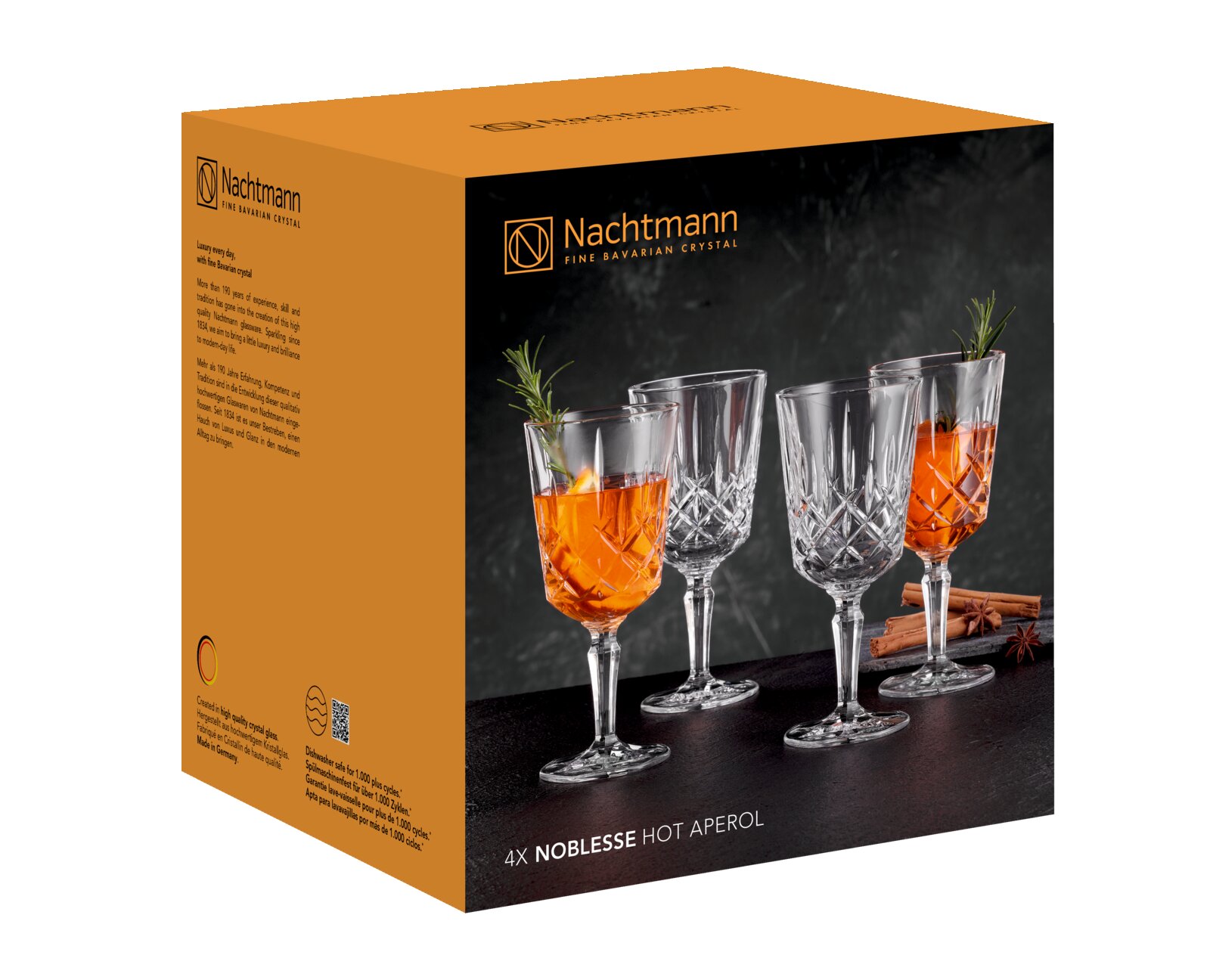 Verpakking van de Nachtmann Noblesse Hot Aperol-set met vier kristallen glazen, gevuld met Aperol, gezien vanaf de zijkant.