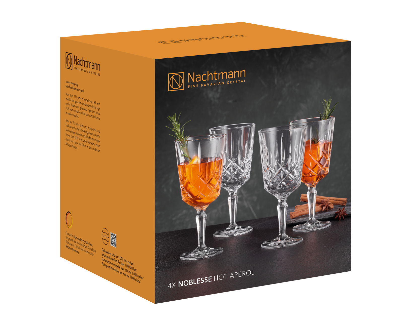 Verpackung des Nachtmann Noblesse Hot Aperol Sets mit vier Kristallgläsern, gefüllt mit Aperol, aus seitlicher Perspektive.