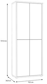 XL-Schuhschrank hoch mit vier Türen, Maße 191,9 cm Höhe, 74,5 cm Breite, 34,9 cm Tiefe, seitliche Perspektive