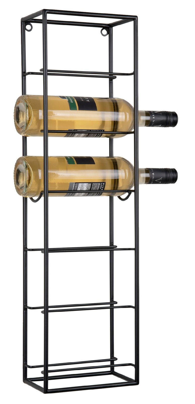 Schwarzes Weinregal aus Metall mit zwei horizontal gelagerten Weinflaschen, seitliche Perspektive