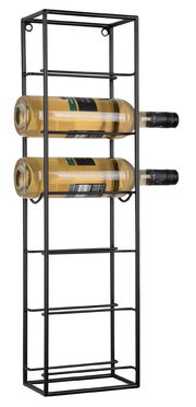 Schwarzes Weinregal aus Metall mit zwei horizontal gelagerten Weinflaschen, seitliche Perspektive