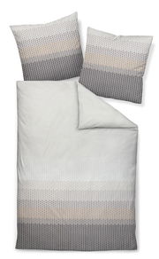 Bettwäsche-Set mit modernem Punktmuster in Grautönen, bestehend aus einem Bettbezug und zwei Kissenbezügen, aus der Vogelperspektive fotografiert.