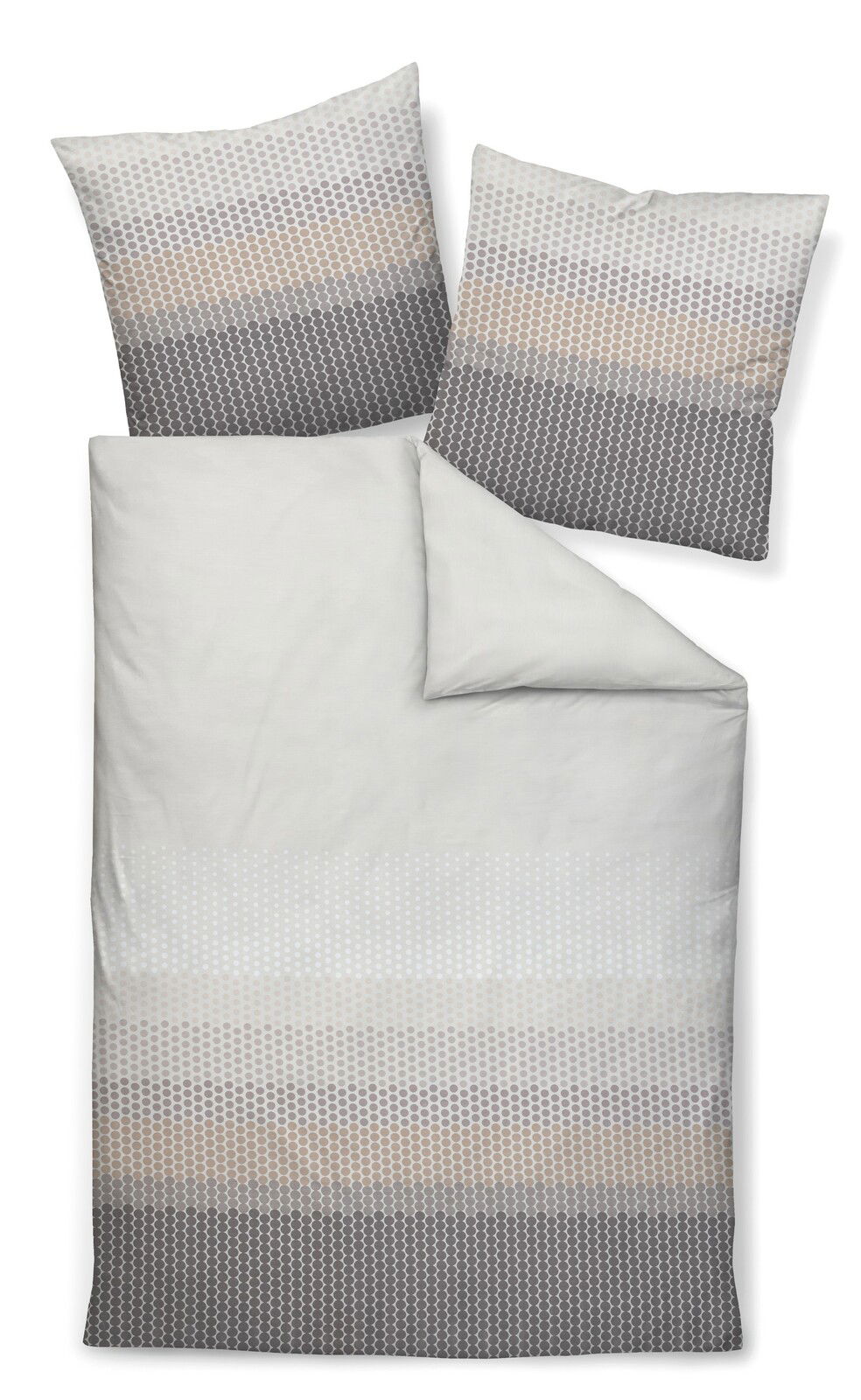 Bettwäsche-Set mit modernem Punktmuster in Grautönen, bestehend aus einem Bettbezug und zwei Kissenbezügen, aus der Vogelperspektive fotografiert.