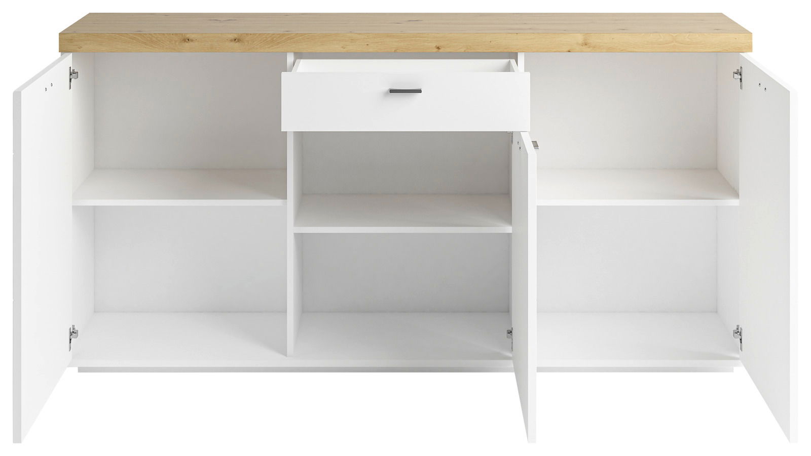 Weißes Sideboard mit offenem Schrank und Schublade, Ansicht von vorne
