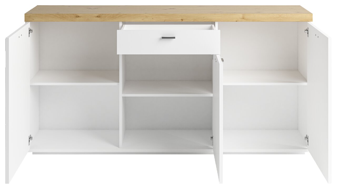 Weißes Sideboard mit offenem Schrank und Schublade, Ansicht von vorne