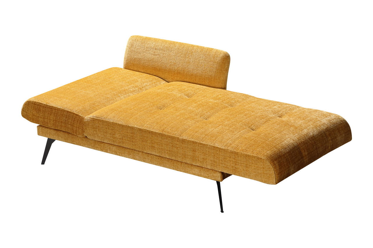 Gelbes Einzelliege-Sofa mit schwarzem Metallgestell, seitliche Perspektive