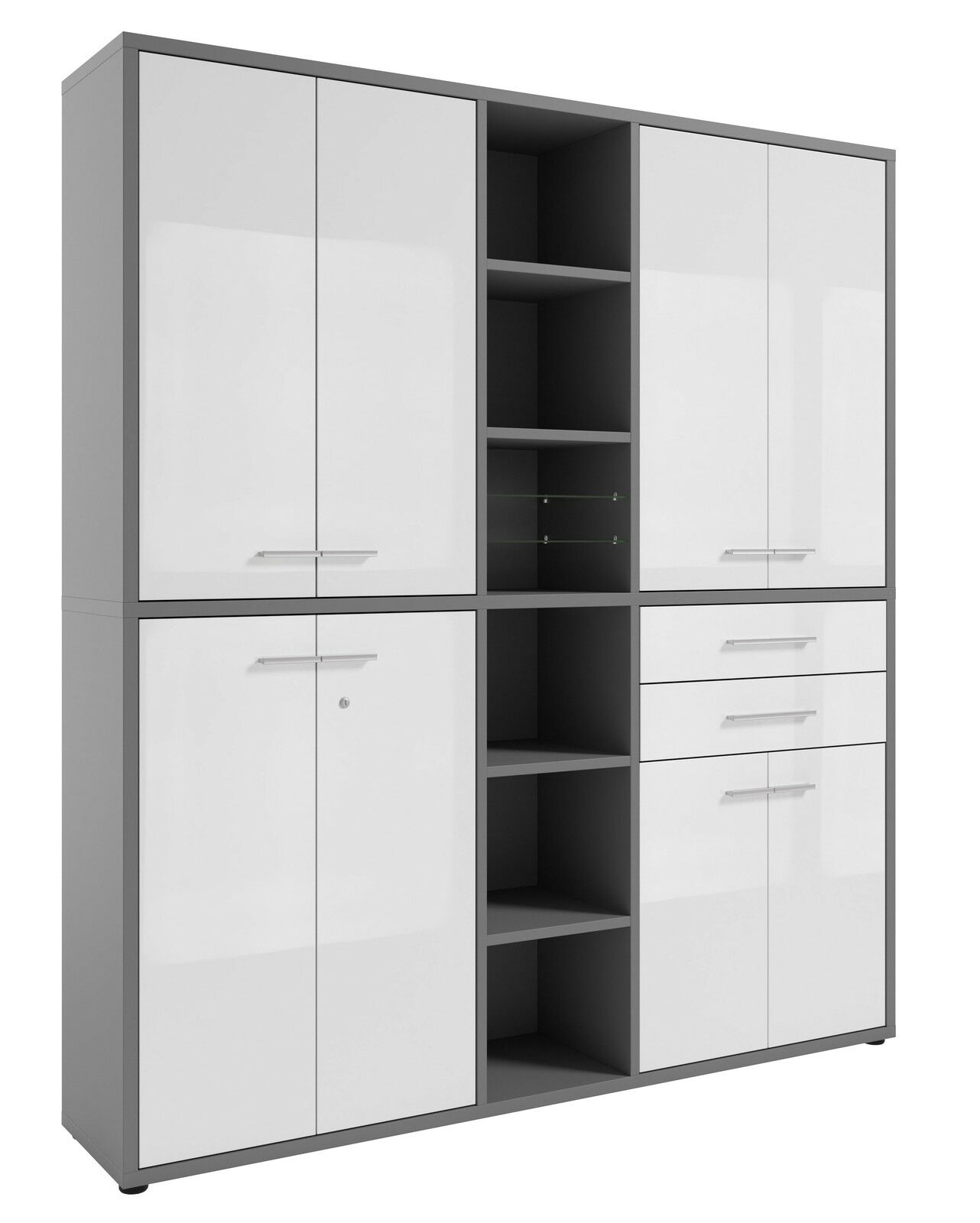 Moderner, hoher Aktenschrank mit weißen Türen und offenen Regalfächern, seitliche Perspektive