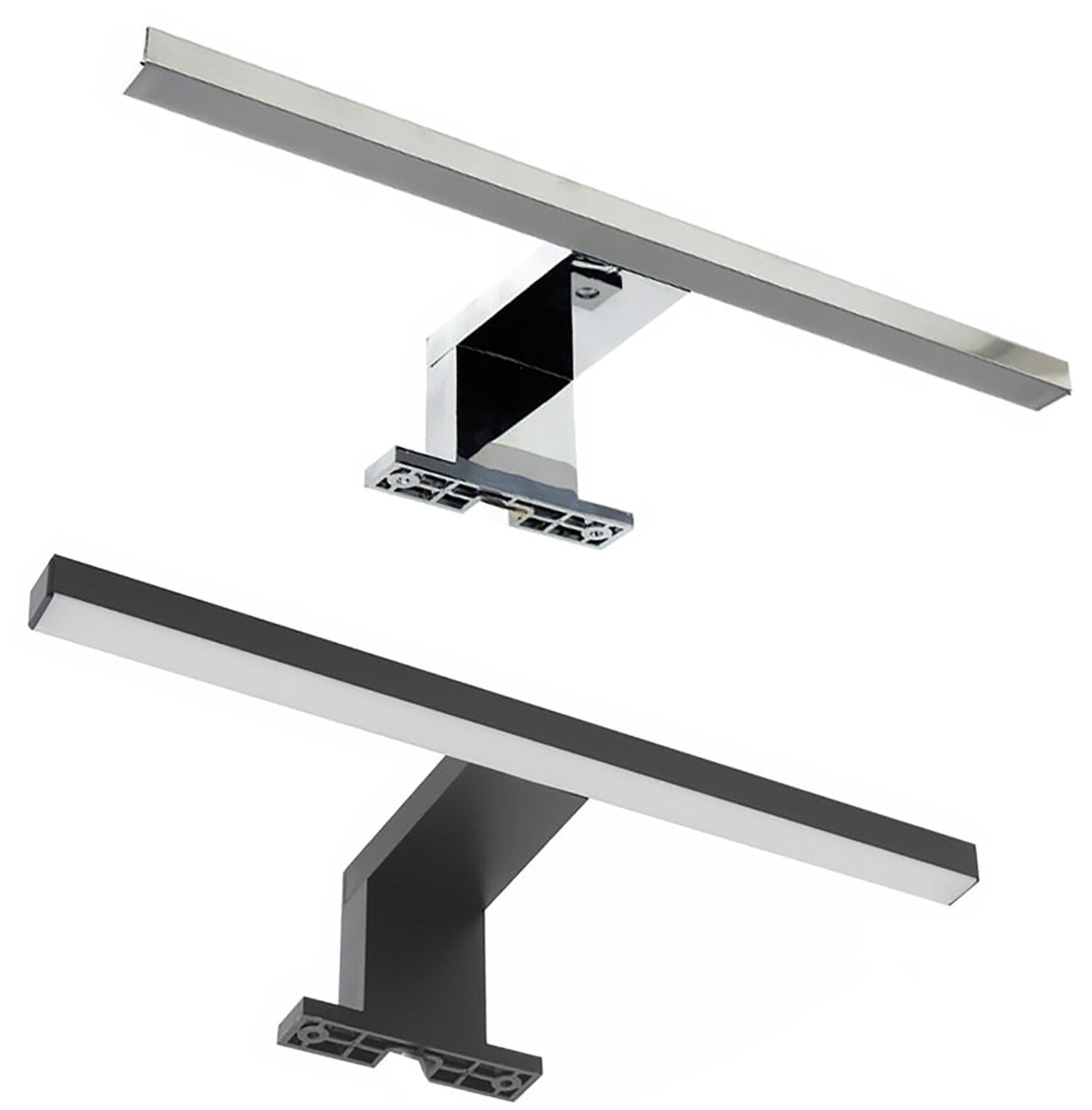 Moderne lineare LED-Spiegelleuchte in Schwarz und Chrom mit rechteckigem Leuchtbalken, seitliche Perspektive (schräg von vorn) auf weißem Hintergrund