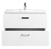 Moderne witte wastafel met twee lades en een ingebouwde wasbak, vooraanzicht