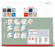 Rückseite einer Verpackung mit Anweisungen zur Anwendung von Powerstrips auf verschiedenen Oberflächen. Perspektive: Frontalansicht.