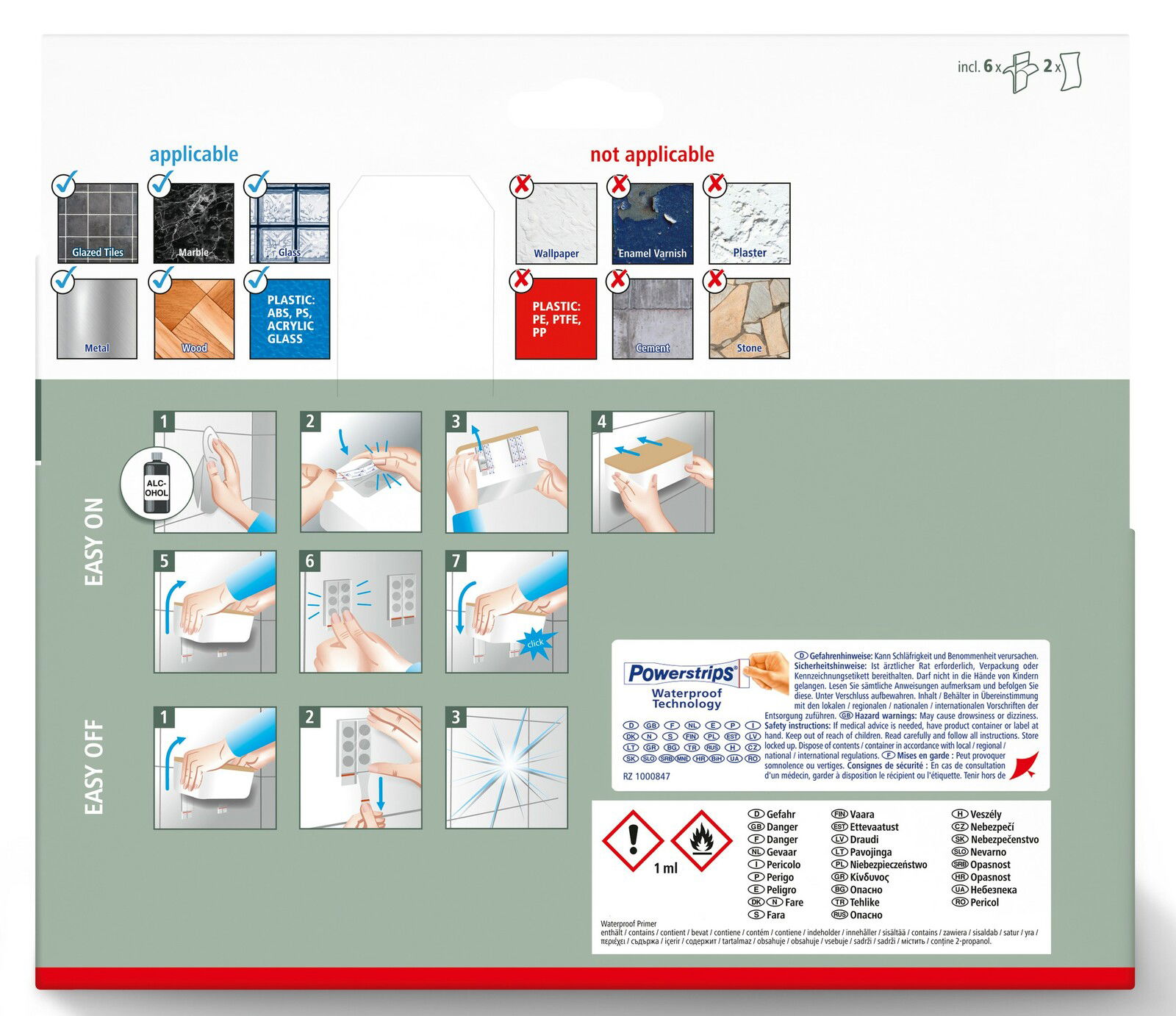 Rückseite einer Verpackung mit Anweisungen zur Anwendung von Powerstrips auf verschiedenen Oberflächen. Perspektive: Frontalansicht.